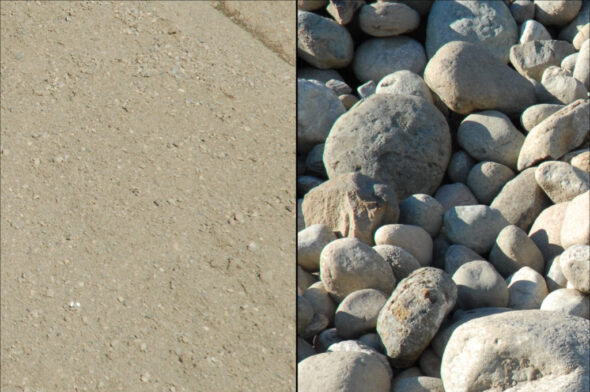 Photo with one side showing sand and the other side showing rocks. 